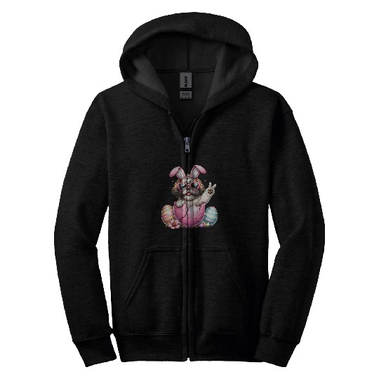 Peace Sign Hand Shih Tzu Bunny Kids Mens Womens Easter Dog Zip Hoodies