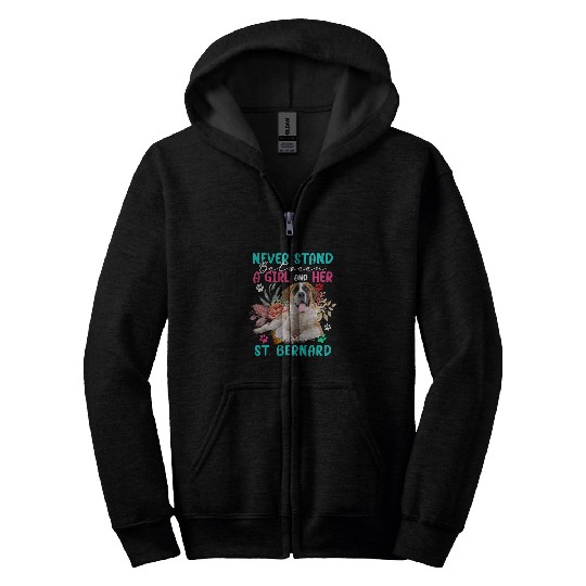 Never Stand Between A Girl And Her St  Bernard Floral Dog Zip Hoodies