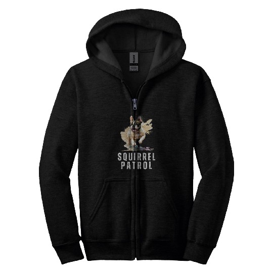Funny Frenchie on Squirrel Patrol Funny French Bulldog Zip Hoodies
