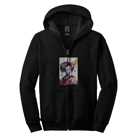 Japanese Mech Robo Geisha Colorful Floral Kimono Beautiful Zip Hoodies