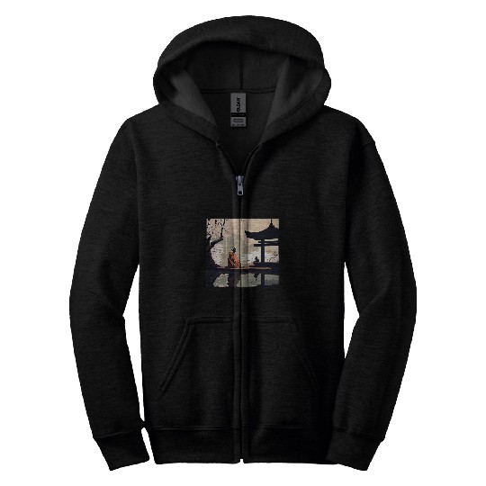 Monk meditating Japanese garden shrine Cherry blossoms Pond Zip Hoodies