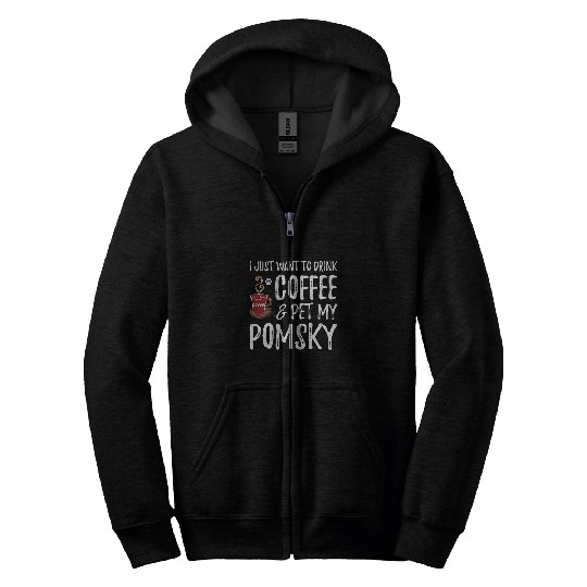 Pomsky Dog Lover Coffee Funny Dog Mom Gift Zip Hoodies