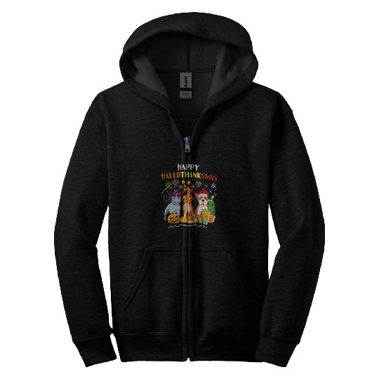 pitbull Dog Halloween merry christmas happy Hallothanksmas Zip Hoodies