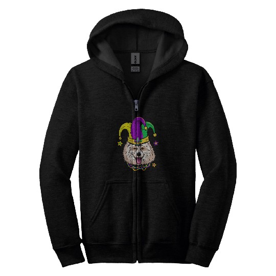 Samoyed Face Wearing Mardi Gras Beads Jester Hat Parades Zip Hoodies