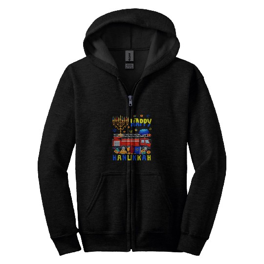 Happy Hanukkah Fires Truck With Menorah Dreidel Funny Jewish Zip Hoodies