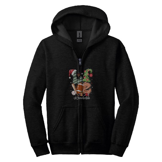 LOVE Santa Hat Football Baseball PE Teacher Life Christmas Zip Hoodies
