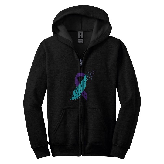 Teal Purple Ribbon Feather Semicolon suicides Prevention Zip Hoodies