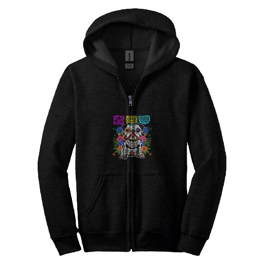 Sugar Skull Pug Dia De Los Muertos Halloween Dog Mexican Zip Hoodies