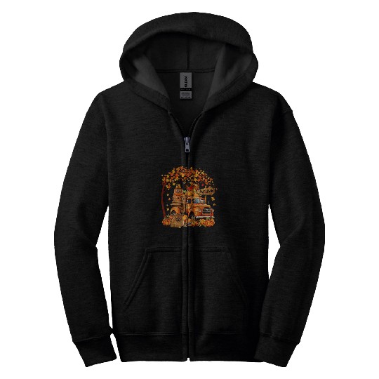 Pomeranian Turkey On Pickup Truck Thanksgiving Pumpkins Zip Hoodies