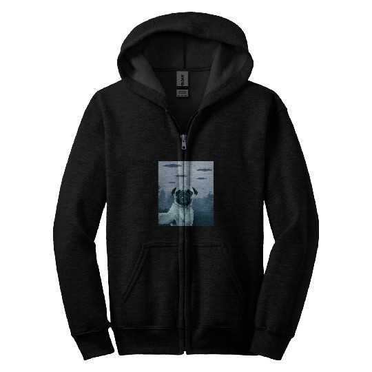 vintages Alien Pug Dog Selfie UFO Fleet Zip Hoodies