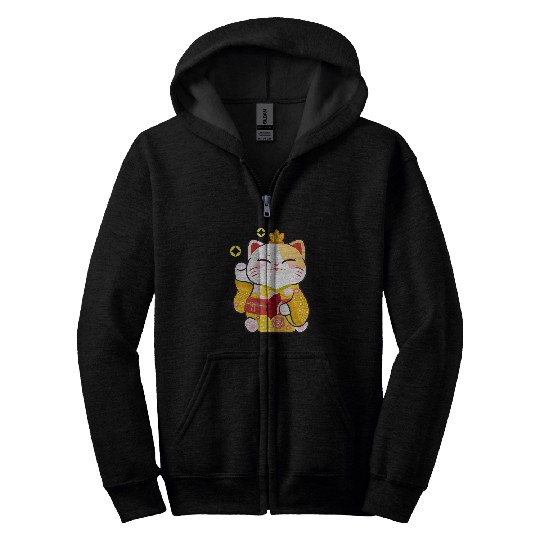 Mens Japanese Beckoning Cat Lucky Japan Manekineko Geisha Zip Hoodies