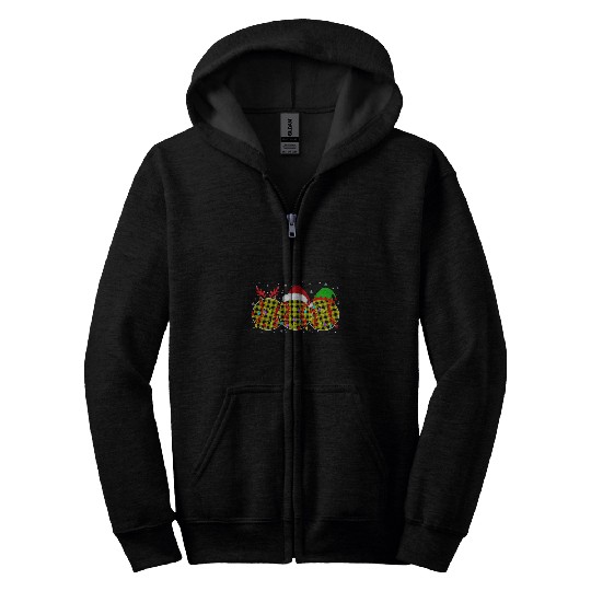 Three Reindeer Santa Elf Softball Ball Plaid Christmas Light Zip Hoodies