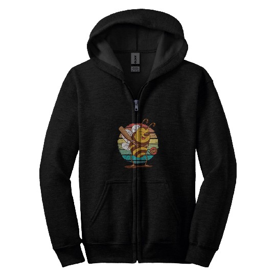 vintages funny cartoon bee cricket bat bee cricket player Zip Hoodies