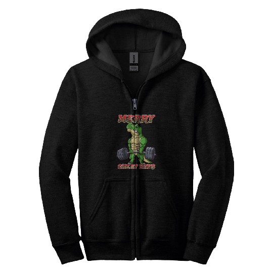 Merry Cheat Days Fitness Christmas Bodybuilder Dino TRex Zip Hoodies