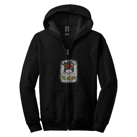 Teacher Life Messy Bun Glasses Leopard Sunflower Mothers Day Zip Hoodies