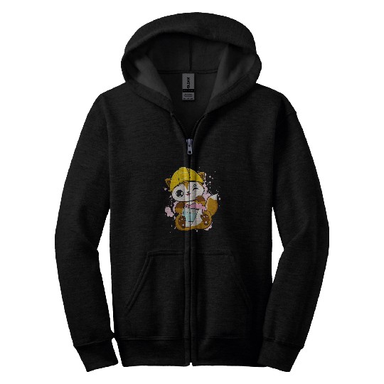 Construction Worker Fox Drinks Bubble Tea For Boba Tea Lover Zip Hoodies