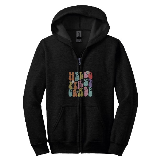 Hello First Grade Teacher Back To School Groovy Vintage Zip Hoodies