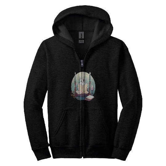 Cat Reading A Book in Cottagecore Aesthetic Zip Hoodies