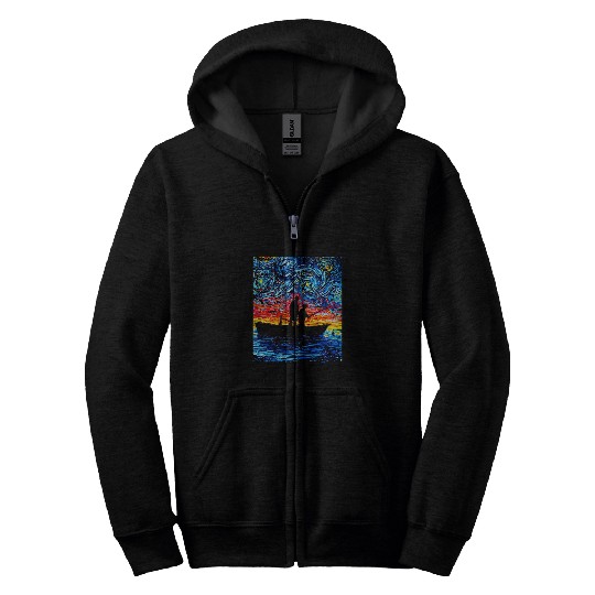 Father Son Fishing Trip Starry Night Boat Art by Aja Zip Hoodies