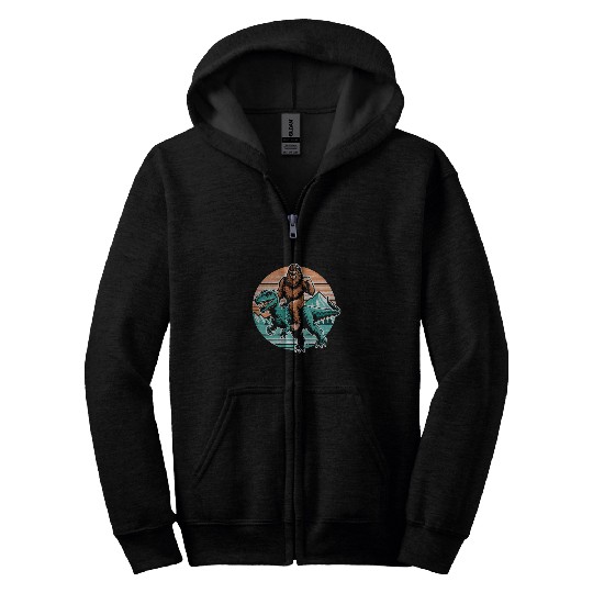 Retro bigfoots Sasquatch Riding TRexs Dinosaur Lover Funny Zip Hoodies