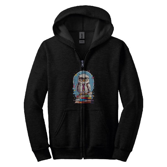 Owl Teacher standing on books 2 Zip Hoodies