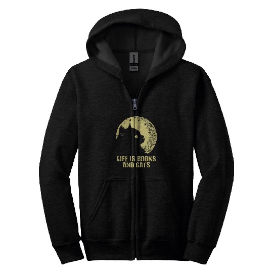 Life Is Books and Cats Book Lover Cat Mom Bookworm Cat Dad 10 Zip Hoodies
