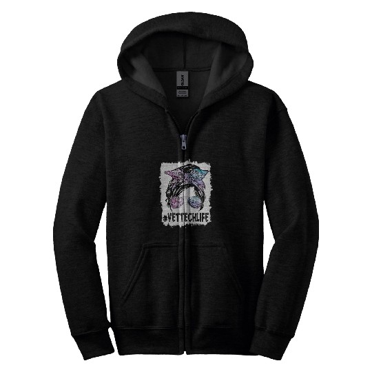 Vet Tech Life Messy Bun Veterinarian Tech Dog Tee Cat Lover Zip Hoodies