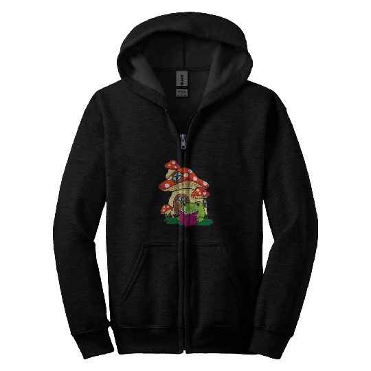 Cottagecore Aesthetic Kawaii Frog Reading A Book Mushroom 1 Zip Hoodies