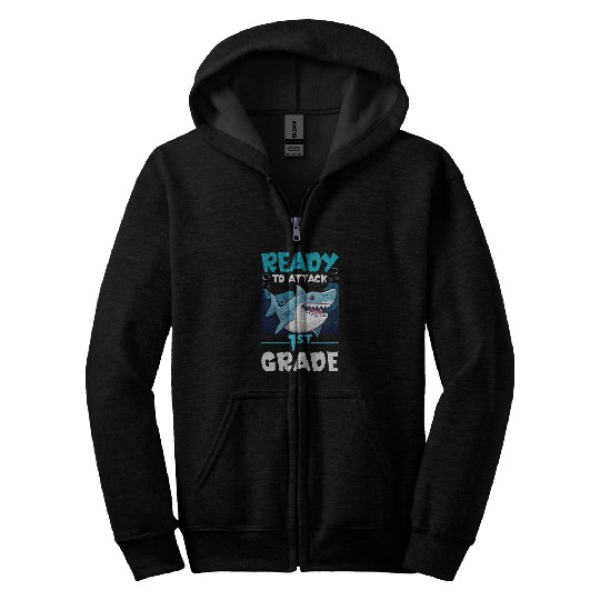 Ready To Attack 1st Grade Shark First Grade Back to School Zip Hoodies