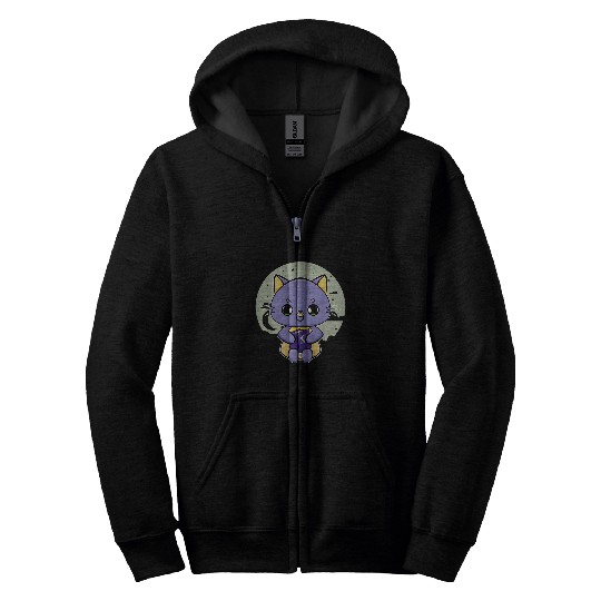 Cute black cats Anime Feline Book Zip Hoodies
