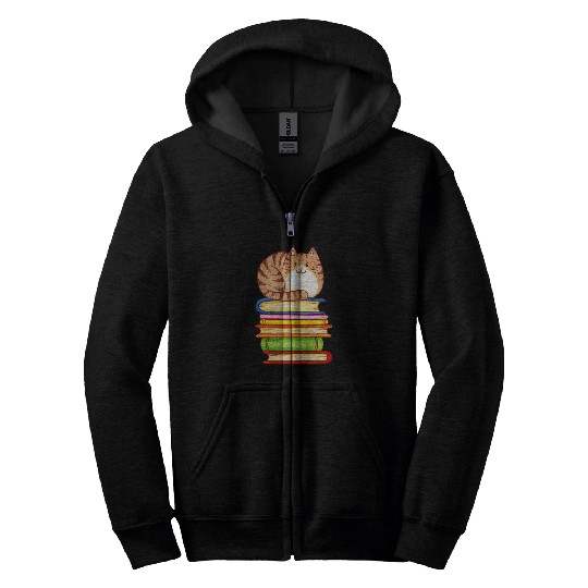 Cute Cat Books Graphic Womens Book Lovers Teacher Zip Hoodies