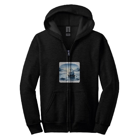 Ice Bear Fishing By A Misty Lake Dawn Serene Timber Boat 1 Zip Hoodies