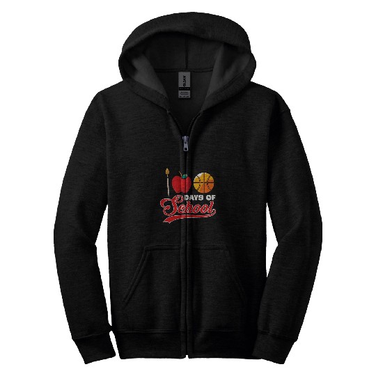 Basketball Drawing Student Kids Gift 100 Days Of School Zip Hoodies