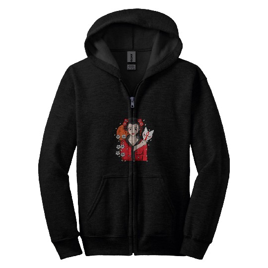Girl Japanese Samurai vintagess Samurai Cat Geisha Art Graphic Zip Hoodies