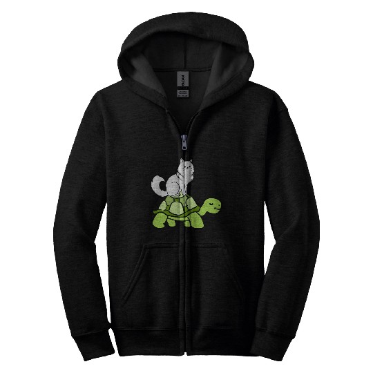 Cat Riding Turtle for Turtle Theme Fan Zip Hoodies