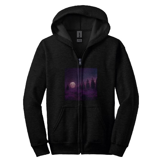 Forest in night above purple clouds, moon Zip Hoodies