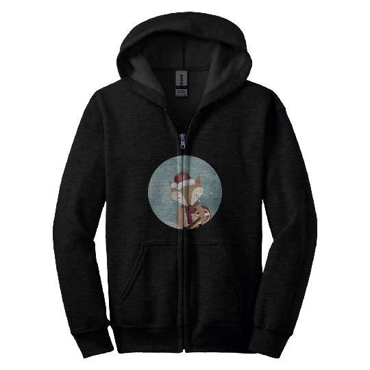 cute fox for Christmas with Santa hat Zip Hoodies