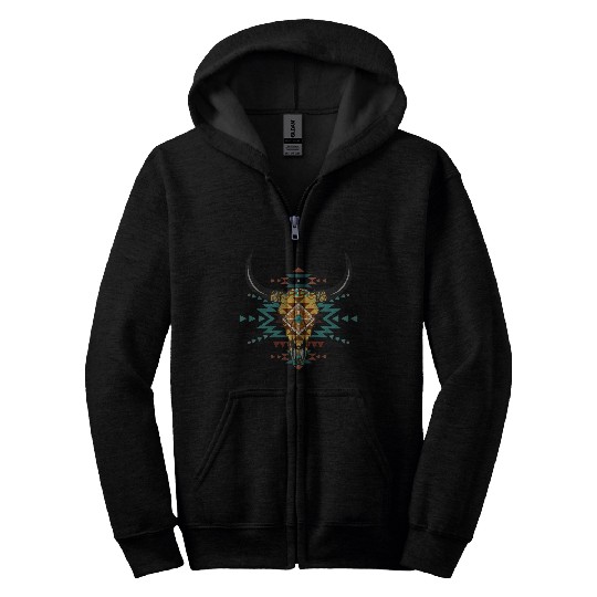 Western Aztec Bull Skull Zip Hoodies