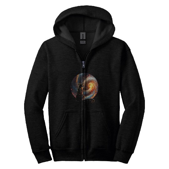 Cat Staring at a Galaxy Cat Dad Cat Lover Zip Hoodies