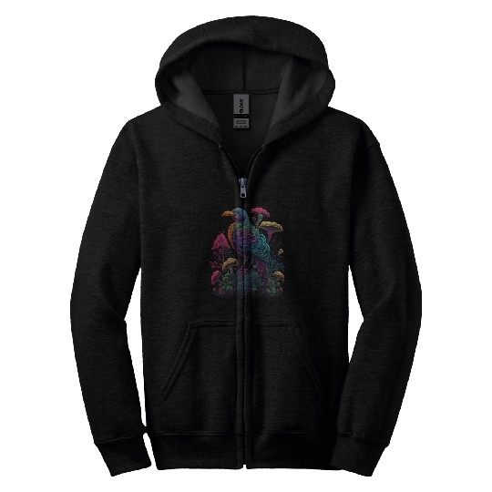trippy patterns psychedelic Mushroom phoenix bird Zip Hoodies