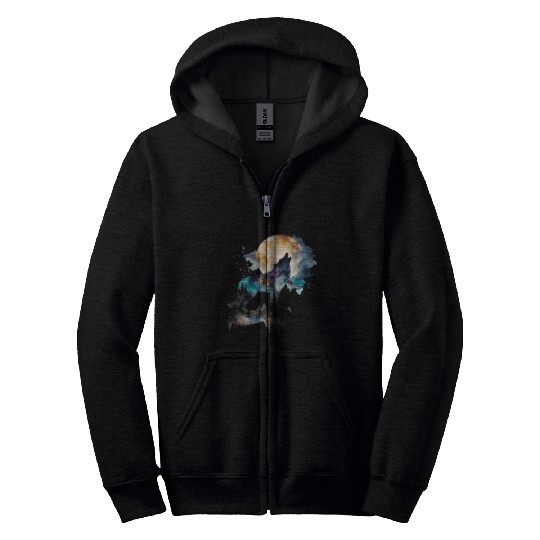 Mountain Wolf Multicolor Watercolor Portrait Zip Hoodies