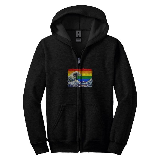 Gay Pride Rainbow Flag Great Wave off Kanagawa Zip Hoodies