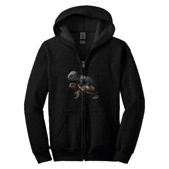 dinosaur on turtle Zip Hoodies