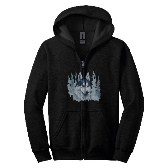 Siberian Husky With A Winter Forest Zip Hoodies