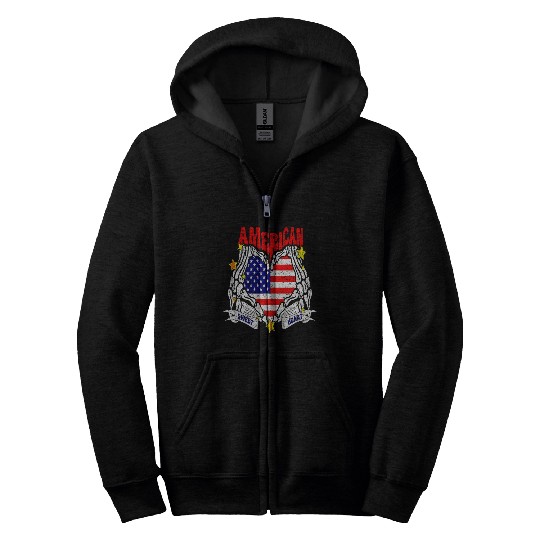 America Sweet Heart Skeleton Hands Heart Flag 4th Zip Hoodies