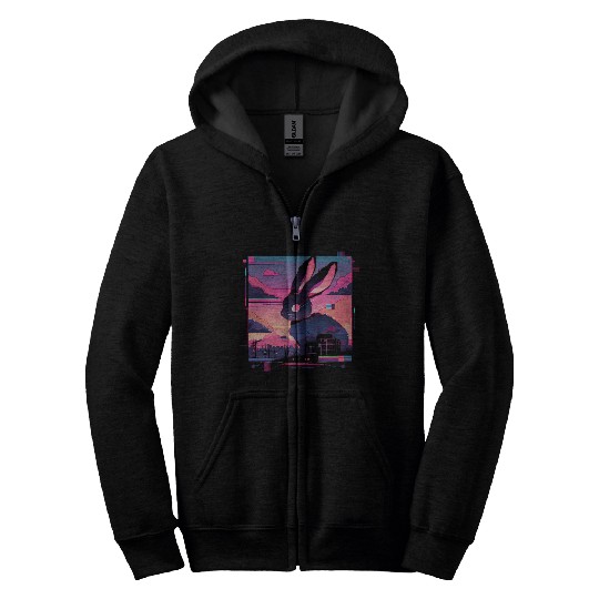 Synthwave Rabbit Cyber Bunny Retro Zip Hoodies