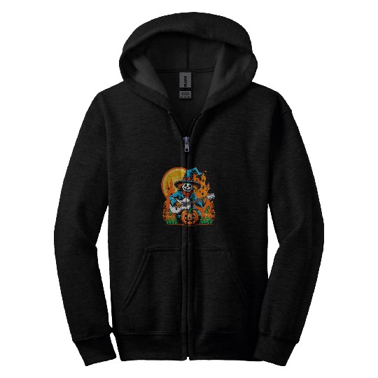 Happy Halloween scarecrow plays guitar Zip Hoodies