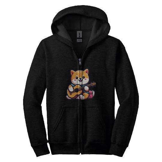 Cute Shiba Inu Playing Guitar Geek Cartoon Zip Hoodies