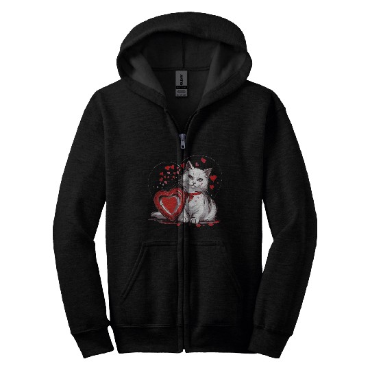Valentines Day White Cat With Red Heart Box Zip Hoodies