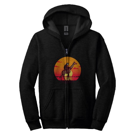 Sunset Safari: Monkey Riding Giraffe Zip Hoodies